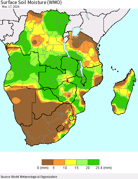 Southern Africa Surface Soil Moisture (WMO) Thematic Map For 3/11/2024 - 3/17/2024