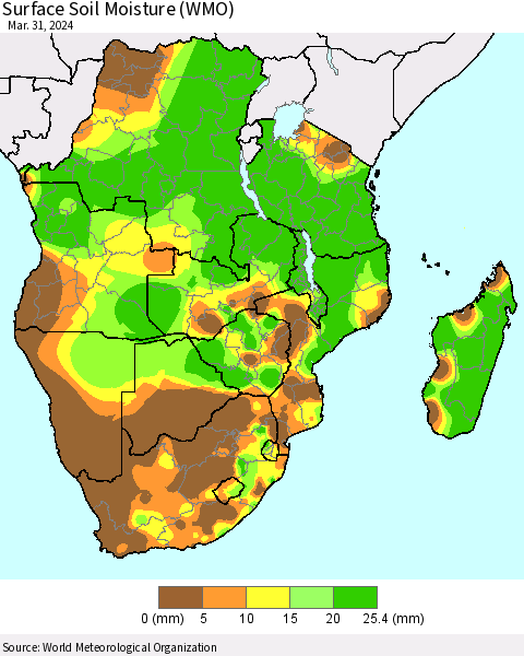 Southern Africa Surface Soil Moisture (WMO) Thematic Map For 3/25/2024 - 3/31/2024