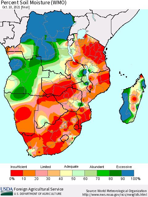 Southern Africa Percent Soil Moisture (WMO) Thematic Map For 10/4/2021 - 10/10/2021