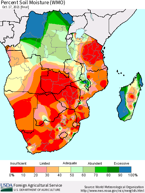 Southern Africa Percent Soil Moisture (WMO) Thematic Map For 10/11/2021 - 10/17/2021