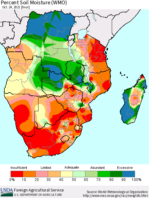 Southern Africa Percent Soil Moisture (WMO) Thematic Map For 10/18/2021 - 10/24/2021