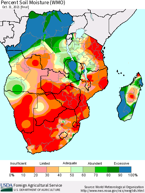 Southern Africa Percent Soil Moisture (WMO) Thematic Map For 10/25/2021 - 10/31/2021