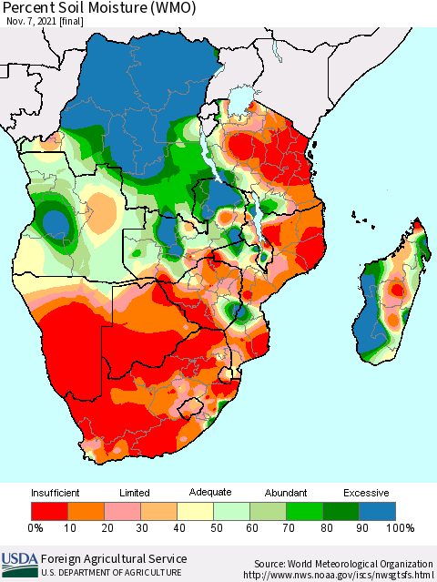 Southern Africa Percent Soil Moisture (WMO) Thematic Map For 11/1/2021 - 11/7/2021