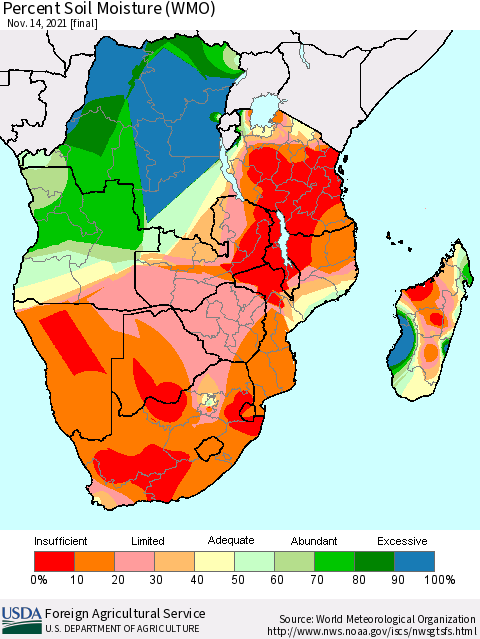 Southern Africa Percent Soil Moisture (WMO) Thematic Map For 11/8/2021 - 11/14/2021
