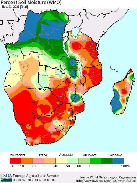 Southern Africa Percent Soil Moisture (WMO) Thematic Map For 11/15/2021 - 11/21/2021