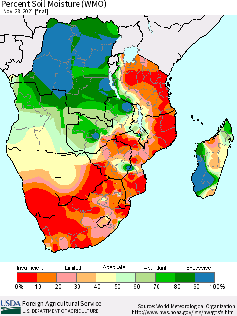 Southern Africa Percent Soil Moisture (WMO) Thematic Map For 11/22/2021 - 11/28/2021