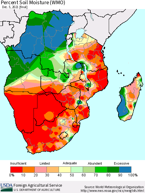 Southern Africa Percent Soil Moisture (WMO) Thematic Map For 11/29/2021 - 12/5/2021
