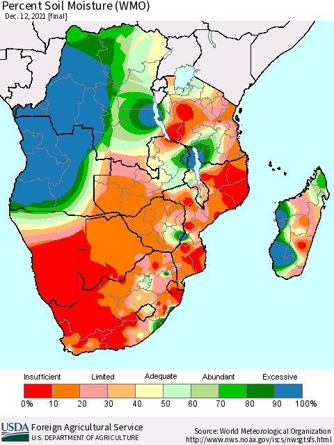 Southern Africa Percent Soil Moisture (WMO) Thematic Map For 12/6/2021 - 12/12/2021