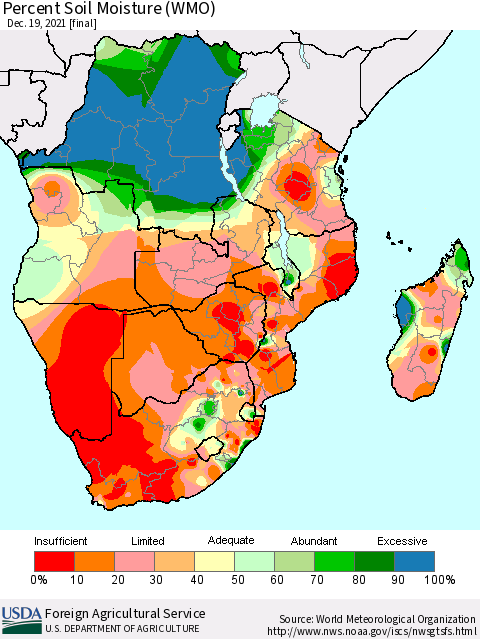 Southern Africa Percent Soil Moisture (WMO) Thematic Map For 12/13/2021 - 12/19/2021