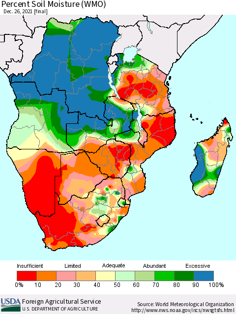Southern Africa Percent Soil Moisture (WMO) Thematic Map For 12/20/2021 - 12/26/2021