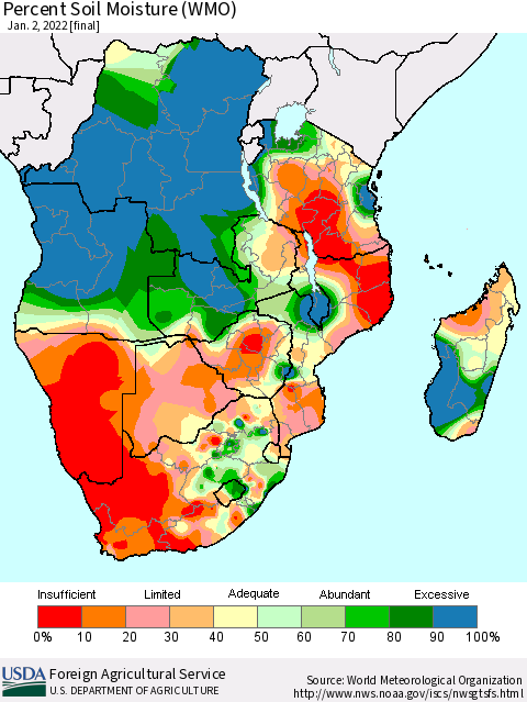 Southern Africa Percent Soil Moisture (WMO) Thematic Map For 12/27/2021 - 1/2/2022