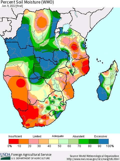 Southern Africa Percent Soil Moisture (WMO) Thematic Map For 1/3/2022 - 1/9/2022