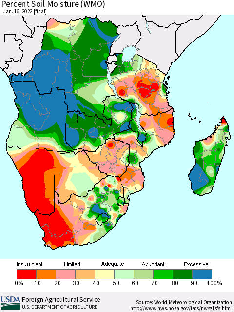 Southern Africa Percent Soil Moisture (WMO) Thematic Map For 1/10/2022 - 1/16/2022