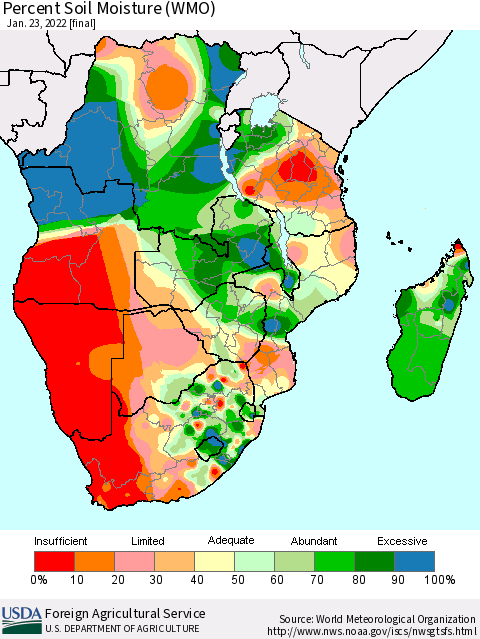 Southern Africa Percent Soil Moisture (WMO) Thematic Map For 1/17/2022 - 1/23/2022