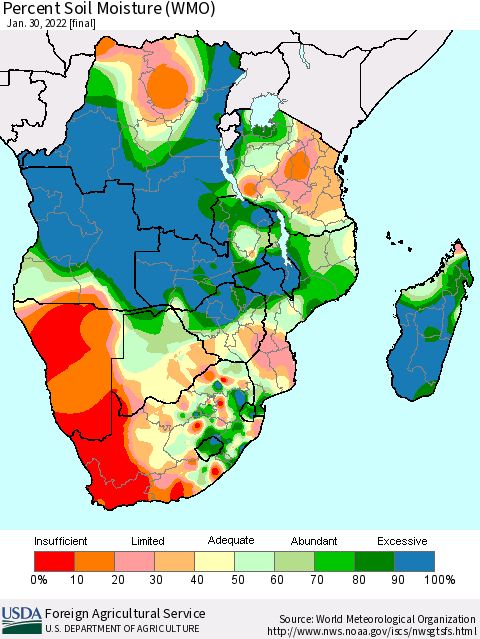 Southern Africa Percent Soil Moisture (WMO) Thematic Map For 1/24/2022 - 1/30/2022