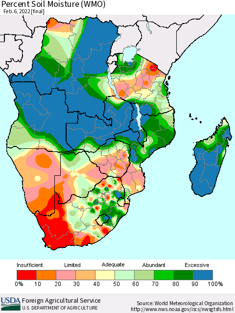 Southern Africa Percent Soil Moisture (WMO) Thematic Map For 1/31/2022 - 2/6/2022