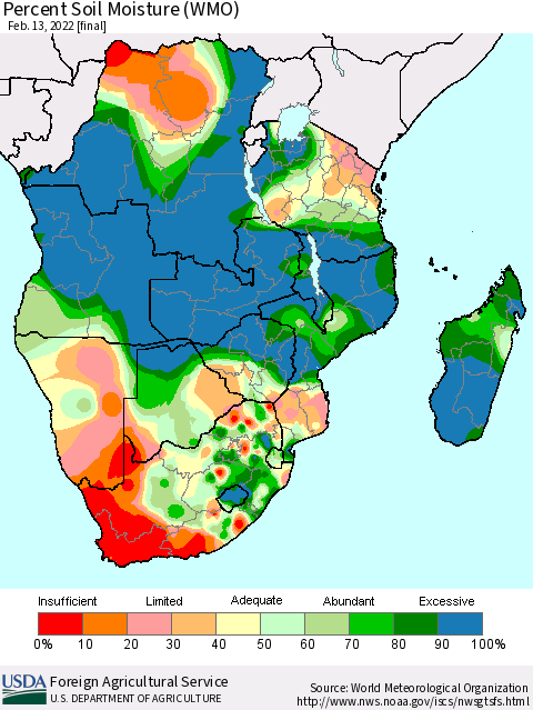 Southern Africa Percent Soil Moisture (WMO) Thematic Map For 2/7/2022 - 2/13/2022