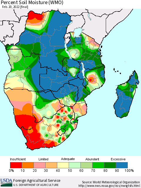 Southern Africa Percent Soil Moisture (WMO) Thematic Map For 2/14/2022 - 2/20/2022