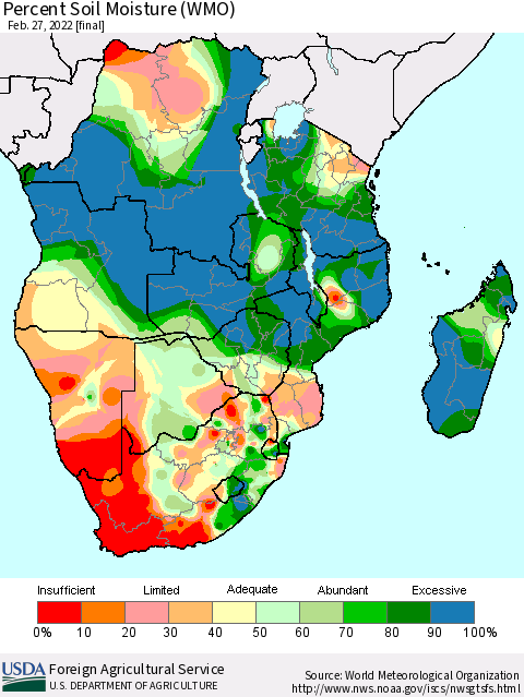Southern Africa Percent Soil Moisture (WMO) Thematic Map For 2/21/2022 - 2/27/2022