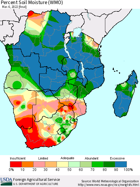 Southern Africa Percent Soil Moisture (WMO) Thematic Map For 2/28/2022 - 3/6/2022