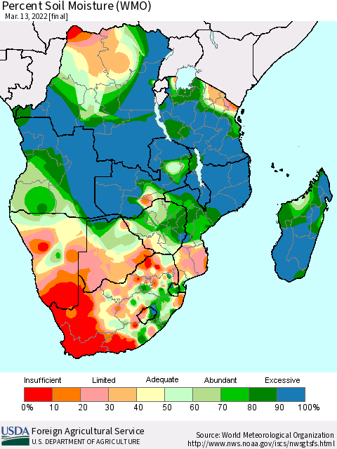 Southern Africa Percent Soil Moisture (WMO) Thematic Map For 3/7/2022 - 3/13/2022