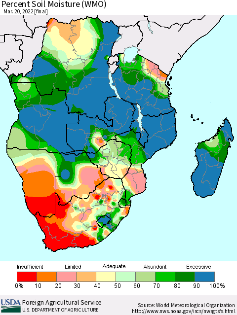 Southern Africa Percent Soil Moisture (WMO) Thematic Map For 3/14/2022 - 3/20/2022