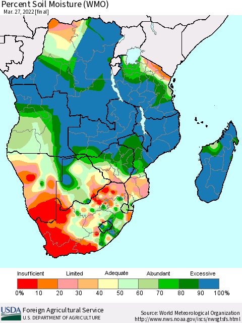 Southern Africa Percent Soil Moisture (WMO) Thematic Map For 3/21/2022 - 3/27/2022