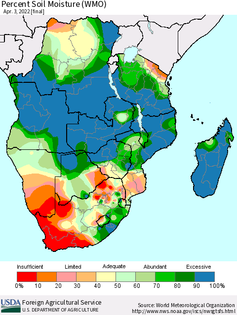 Southern Africa Percent Soil Moisture (WMO) Thematic Map For 3/28/2022 - 4/3/2022