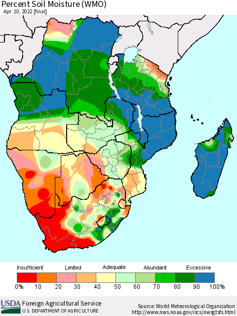 Southern Africa Percent Soil Moisture (WMO) Thematic Map For 4/4/2022 - 4/10/2022