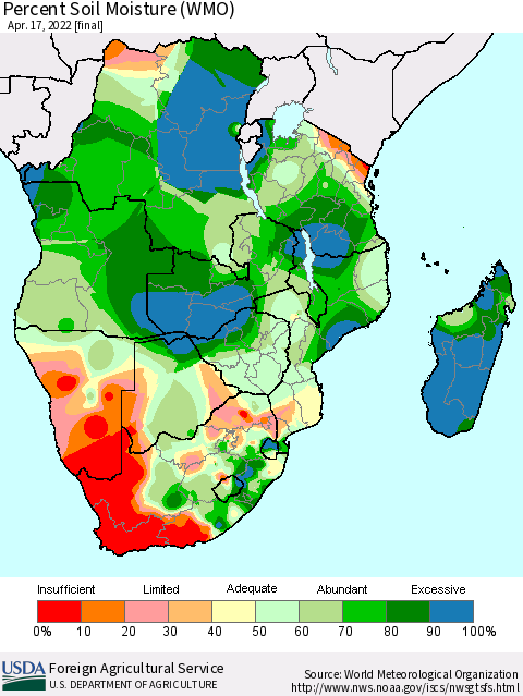 Southern Africa Percent Soil Moisture (WMO) Thematic Map For 4/11/2022 - 4/17/2022