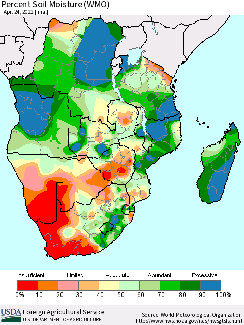 Southern Africa Percent Soil Moisture (WMO) Thematic Map For 4/18/2022 - 4/24/2022