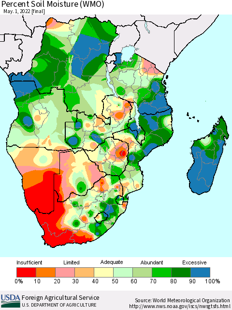 Southern Africa Percent Soil Moisture (WMO) Thematic Map For 4/25/2022 - 5/1/2022