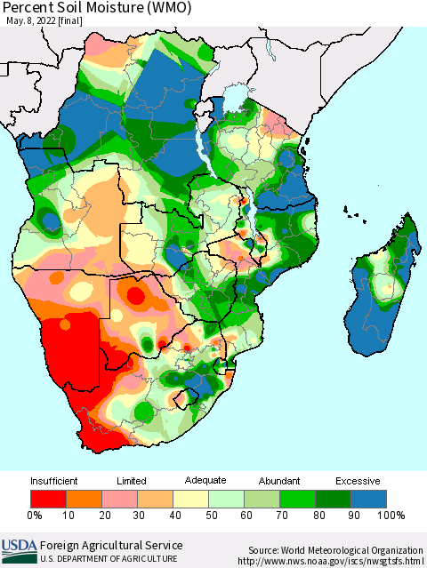 Southern Africa Percent Soil Moisture (WMO) Thematic Map For 5/2/2022 - 5/8/2022