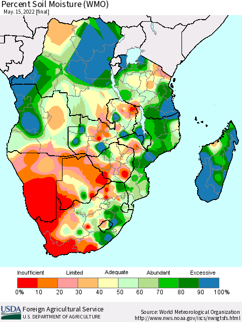 Southern Africa Percent Soil Moisture (WMO) Thematic Map For 5/9/2022 - 5/15/2022