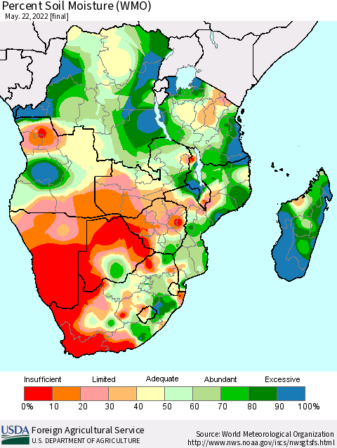Southern Africa Percent Soil Moisture (WMO) Thematic Map For 5/16/2022 - 5/22/2022