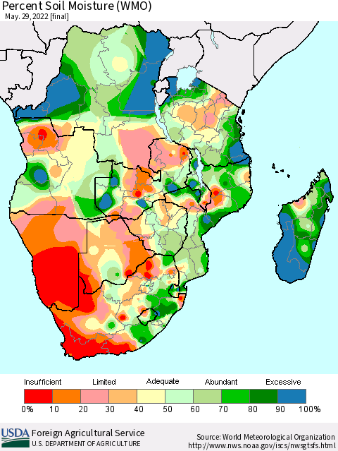 Southern Africa Percent Soil Moisture (WMO) Thematic Map For 5/23/2022 - 5/29/2022