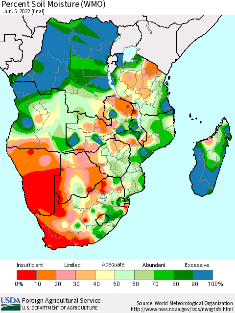 Southern Africa Percent Soil Moisture (WMO) Thematic Map For 5/30/2022 - 6/5/2022