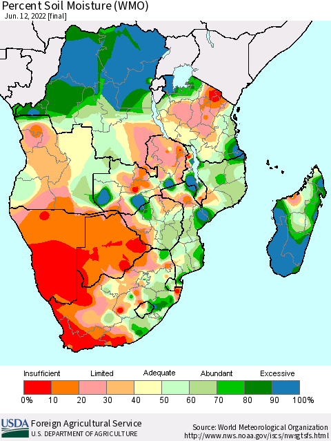 Southern Africa Percent Soil Moisture (WMO) Thematic Map For 6/6/2022 - 6/12/2022