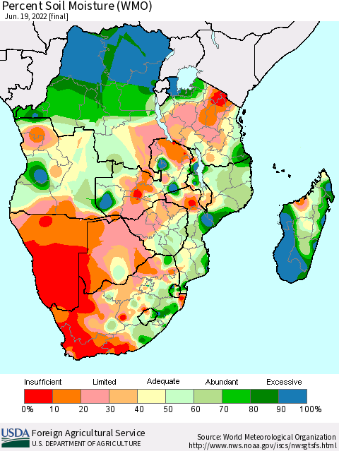 Southern Africa Percent Soil Moisture (WMO) Thematic Map For 6/13/2022 - 6/19/2022