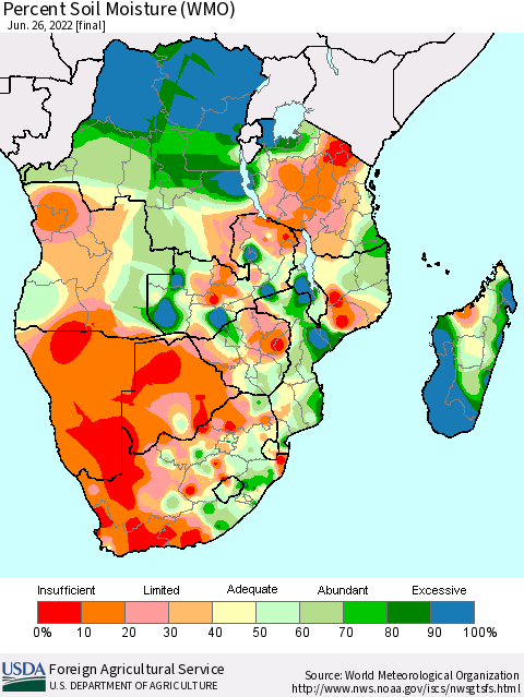 Southern Africa Percent Soil Moisture (WMO) Thematic Map For 6/20/2022 - 6/26/2022