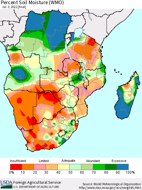 Southern Africa Percent Soil Moisture (WMO) Thematic Map For 6/27/2022 - 7/3/2022