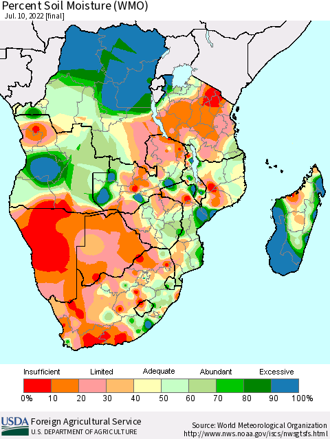 Southern Africa Percent Soil Moisture (WMO) Thematic Map For 7/4/2022 - 7/10/2022