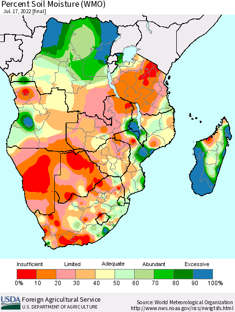 Southern Africa Percent Soil Moisture (WMO) Thematic Map For 7/11/2022 - 7/17/2022