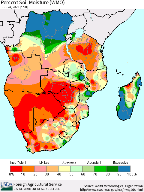 Southern Africa Percent Soil Moisture (WMO) Thematic Map For 7/18/2022 - 7/24/2022