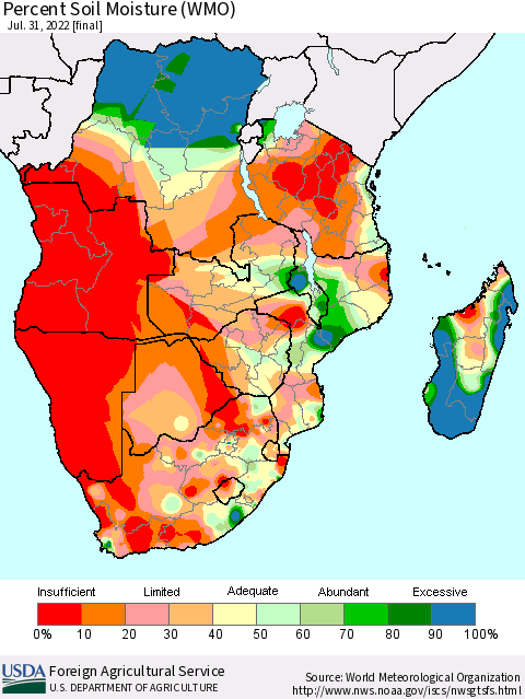 Southern Africa Percent Soil Moisture (WMO) Thematic Map For 7/25/2022 - 7/31/2022