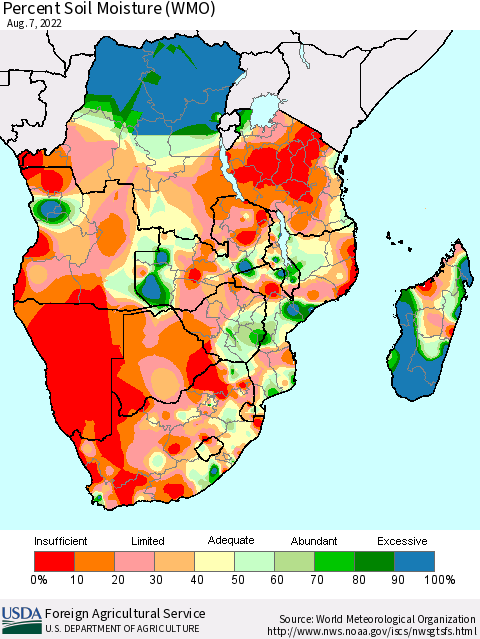 Southern Africa Percent Soil Moisture (WMO) Thematic Map For 8/1/2022 - 8/7/2022