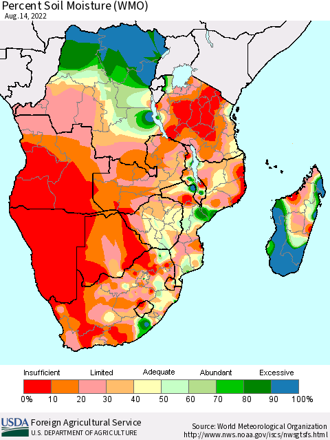 Southern Africa Percent Soil Moisture (WMO) Thematic Map For 8/8/2022 - 8/14/2022