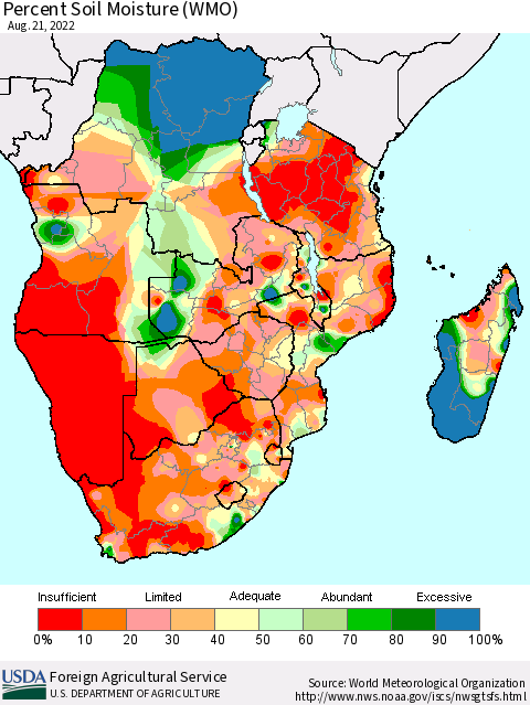 Southern Africa Percent Soil Moisture (WMO) Thematic Map For 8/15/2022 - 8/21/2022