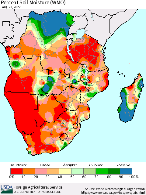 Southern Africa Percent Soil Moisture (WMO) Thematic Map For 8/22/2022 - 8/28/2022
