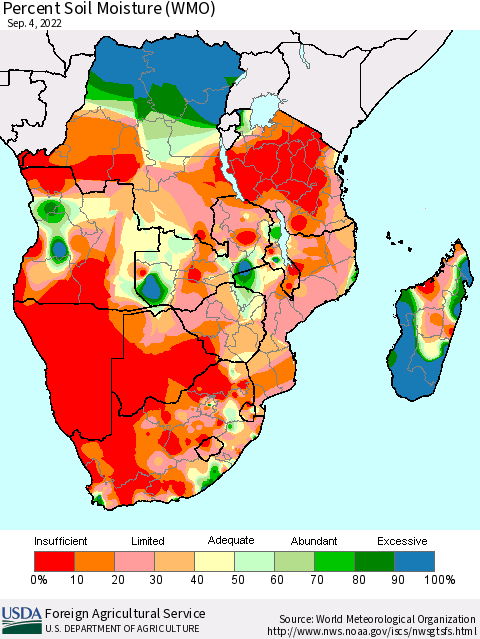 Southern Africa Percent Soil Moisture (WMO) Thematic Map For 8/29/2022 - 9/4/2022
